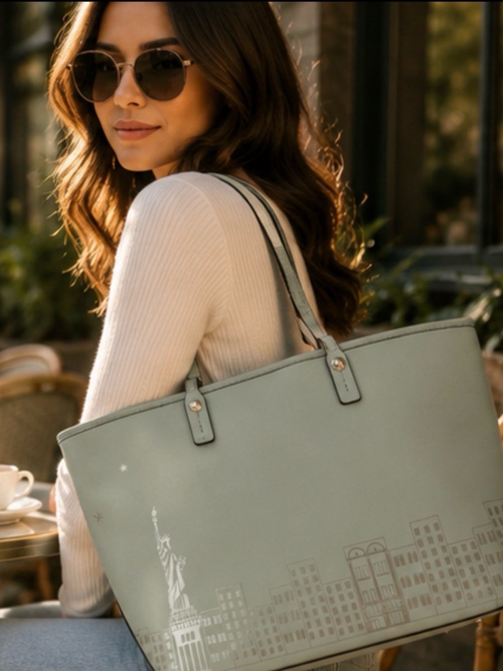 Henri Bendel EUC Sea Foam Sage West 57th NYC Skyline Tote; Rare Vaulted - Picture 11 of 12